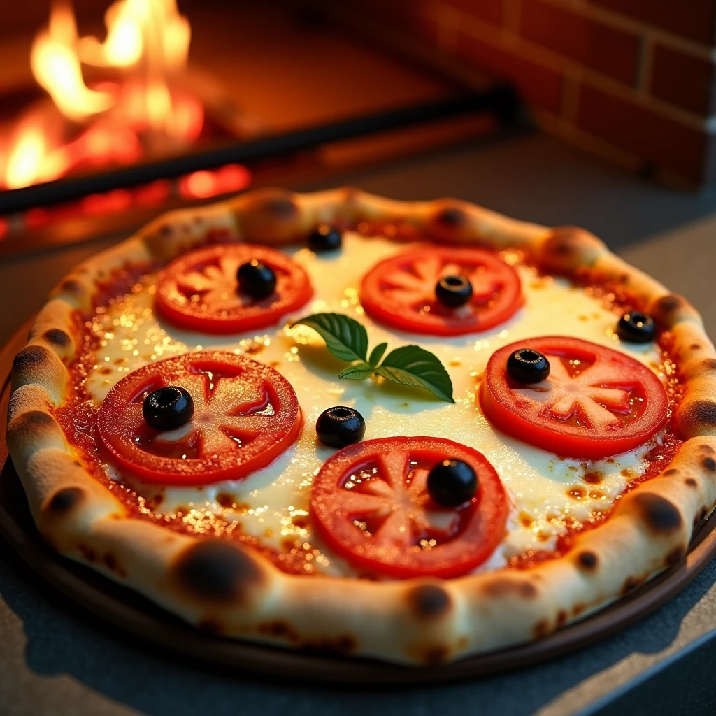 Mozzarella pizza with melted cheese, 5 tomato slices and olives between the tomato slices, few small leaves, pizza coming out of the wood oven was good