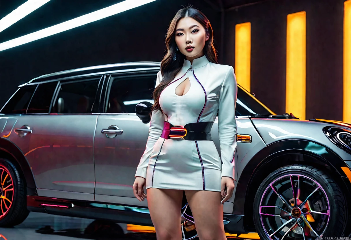 a futuristic styled family car, neon trim, 4 doors, tinted windows, a sexy Asian woman, age 25, model, gorgeous, curvy, mini outfit, posing next to car, glamour photo, high quality, 8k, photorealistic, professional, studio lighting, vibrant colors, cinematic lighting, dramatic lighting, dynamic pose, symmetrical composition, depth of field, award winning photography