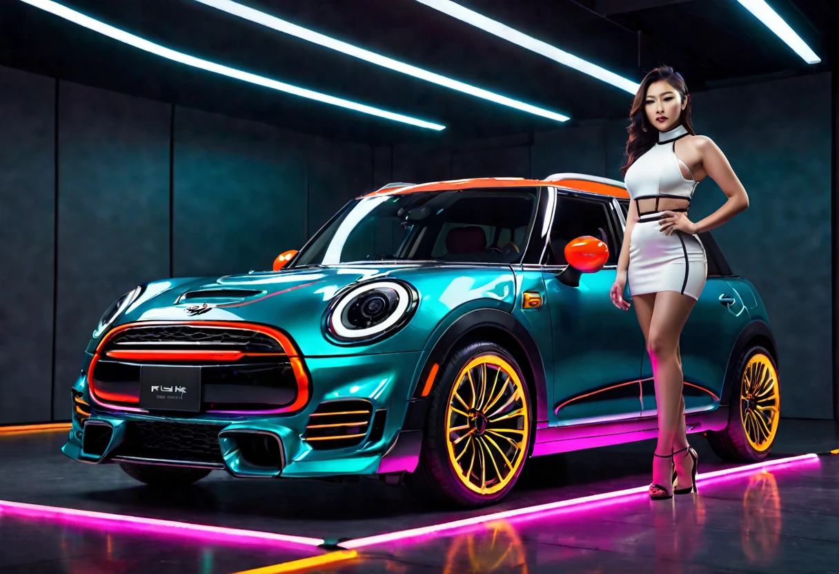 a futuristic styled family car, neon trim, 4 doors, tinted windows, a sexy Asian woman, age 25, model, gorgeous, curvy, mini outfit, posing next to car, glamour photo, high quality, 8k, photorealistic, professional, studio lighting, vibrant colors, cinematic lighting, dramatic lighting, dynamic pose, symmetrical composition, depth of field, award winning photography