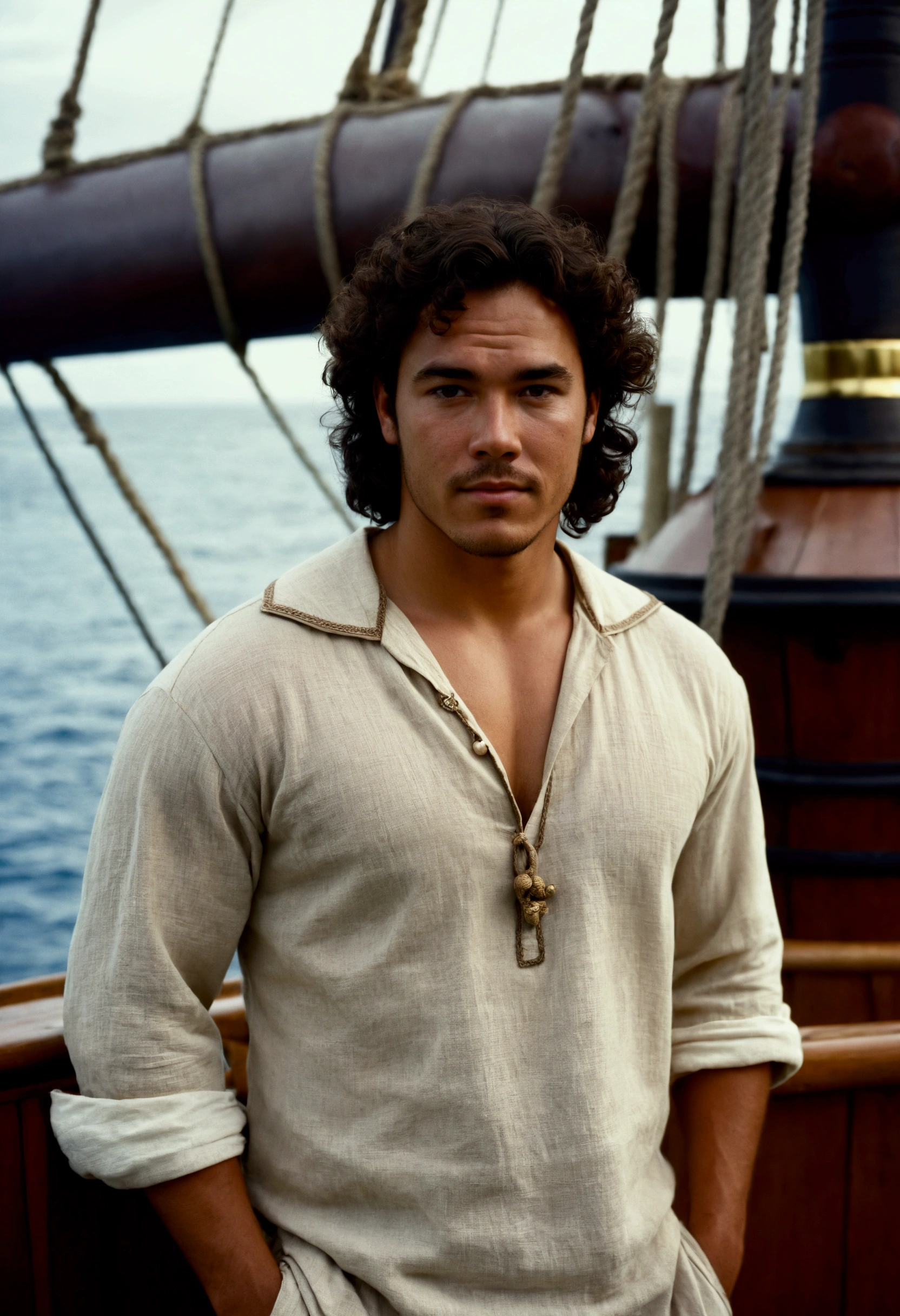 analog film photo, photo of a fantasy sailor, 25 years old, male, brown eyes, short dark curls, tan complexion, soft facial features, medium height, broad shoulders, stocky physique, slightly chubby, lots of body hair, wearing a linen tunic and pirate trousers, posing on the deck of a galleon, resembles Dean Cain, RAW Photograph, dslr, soft lighting, high quality, film grain, Fujifilm XT3, detailed skin with visible pores, insane details, masterpiece, 8k, 35mm photograph, dslr, kodachrome, faded film, desaturated, grainy, vintage, Lomography, stained, highly detailed, found footage, full-body shot