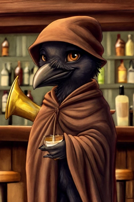 Baby crow, wearing a brown cloak and a brown cap, holding a trumpet inside a bar