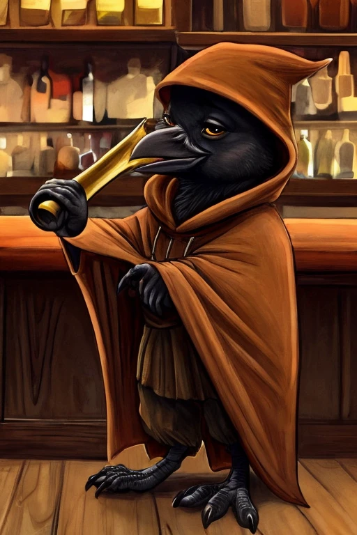 Baby crow, wearing a brown cloak and a brown cap, holding a trumpet inside a bar