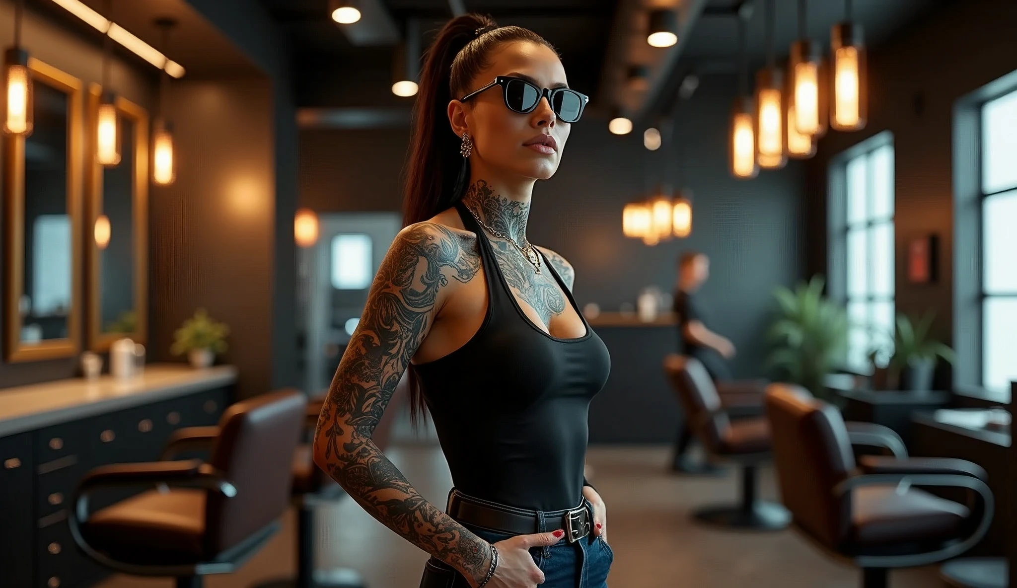 a heavily tattooed and pierced female barber in the empty space of a HI-TECH barber shop, very charismatic, sexy, with a body shape like Monica Bellucci, stunningly interesting, 5'7" tall, 45 years, in dark glasses. 
The style is modern and atmospheric, with an emphasis on detail. The main focus is on the expressiveness of the character and the luxurious setting of the barber shop. 

The angle is chosen so, to show the barber in a close-up from the waist up. This allows you to focus on his charismatic image, tattoos and piercings. The barber occupies the central place in the frame, leaning slightly towards the camera, which creates an effect of intimacy and engagement of the viewer. The barbershop is modern and upscale, with sleek, dark toned decor, leather chairs, and polished surfaces.  The lighting in the room is soft, highlighting the luxury of the barbershop, illuminating interior elements, executed with great attention to detail.

The color palette is kept in warm tones, in rich colors. Dark and rich colors predominate: deep brown and black interior hues, golden yellow and soft warm light accents, illuminating tattoos and details of the room. The barber's skin tone is natural, but somewhat enhanced for contrast with his dark tattoos and clothing. tattoos, In turn,, stand out in bright colors