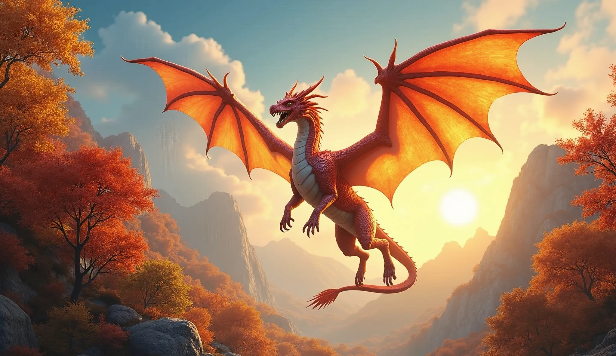Beautiful art style,dragon,8k,Fabulous scene,Fall,Golden sunshine,Ray Tracing,Normal