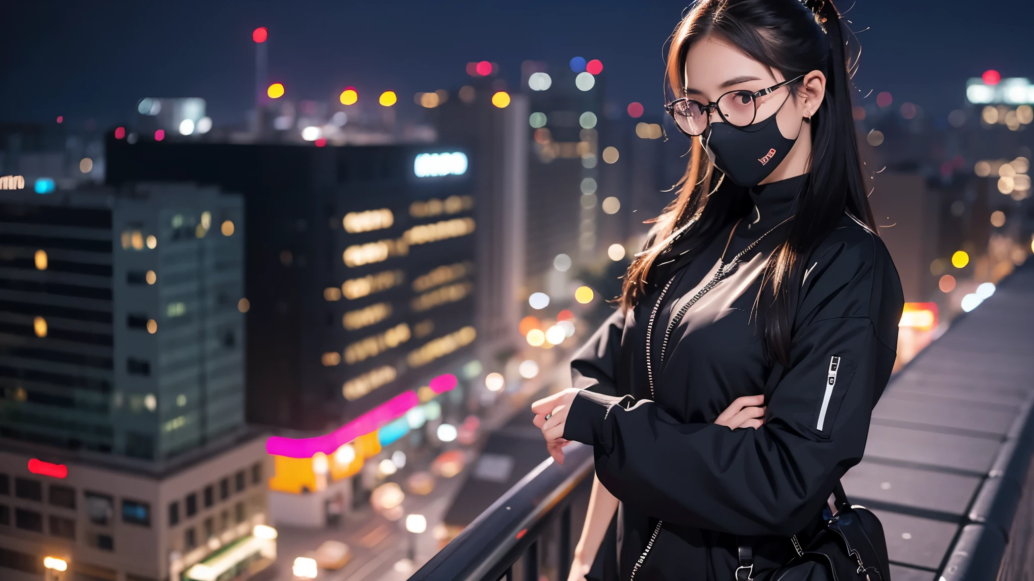 A female ninja wearing sunglasses stands on top of a utility pole、She's looking down at the city at night。Photorealistic，8k、The outfit is a black ninja suit.。She's wearing thin clothes and her underwear is showing through、Photorealistic、8k、