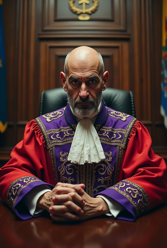 Bald beardless Alexandre de Moraes dressed in purple and scarlet judicial robes like a prostitute of the apocalypse, seated at the Supreme Federal Court of Brazil's President Luiz Inácio Lula da Silva.