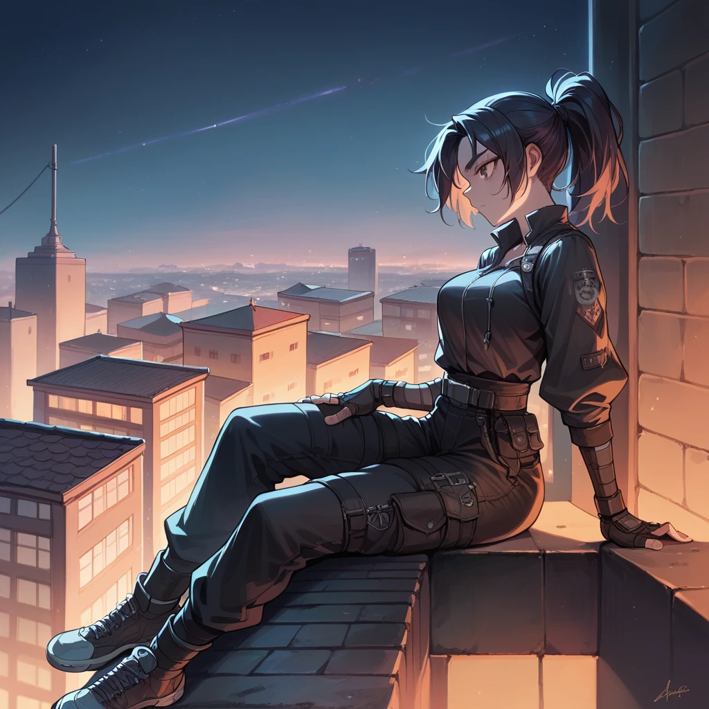 ninja woman, with loose black clothes, a band or ribbon on his head and two katanas on his back. It is perched on the roof of a building, and in the background are the lights of the city at night. (SuperQuality:1.0) ~ (SuperQuality:1.2)