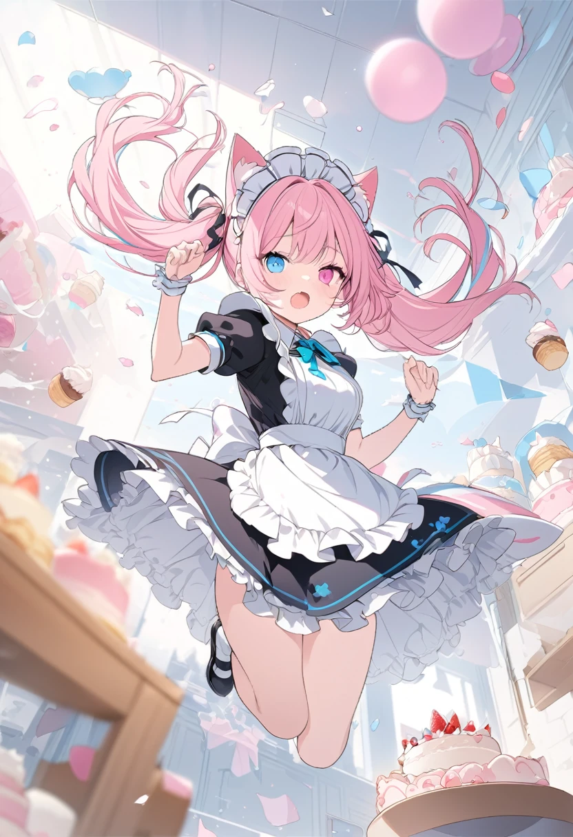 Pink twin-tail hair, cat-eared girl, pink and blue heterochromia, maid outfit, falling in a hurry, cake flying in the air, masterpiece, detailed line drawing, official art, 16K, full body drawing,