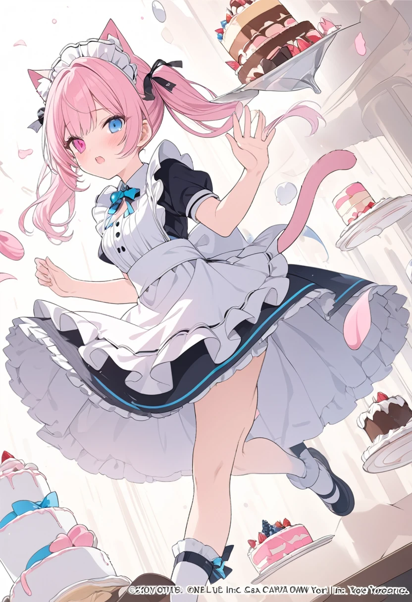 Pink twin-tail hair, cat-eared girl, pink and blue heterochromia, maid outfit, falling in a hurry, cake flying in the air, masterpiece, detailed line drawing, official art, 16K, full body drawing,