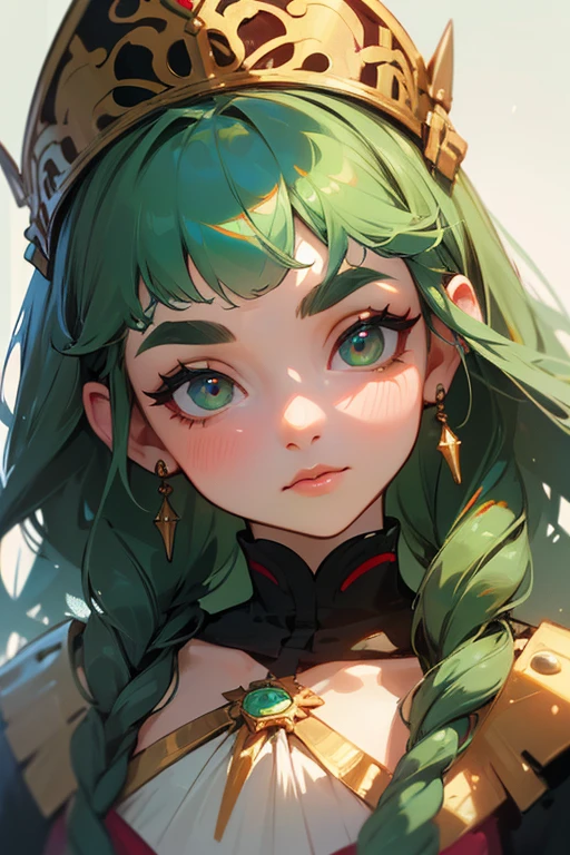 (Highest quality, masterpiece:1.2), High resolution, Very detailed, Realistic:1.37, Fantasy, An illustration, Green Eyes、Queen, Platinum decoration、beautifully、Eyeshadow Red、Thick eyebrows、Long eyelashes、pupils are black、Her hair is light green、Embarrassing、people々々々々Loved by、Shoulder Bare、Braiding、((Swimwear)).(Save face image),((Upper Body)).