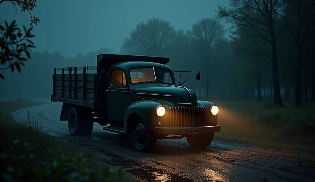 Old truck on a dirt road. Rainy night, dark, 4K,realisitic, trailer, cinematic