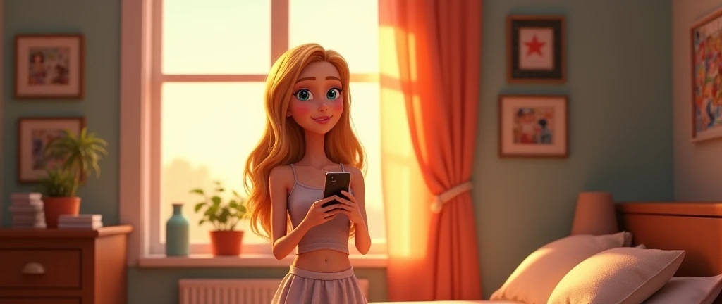 A female character in Pixar movie style , body of a teenager character long blonde hair with beautiful shine delicate face blue eyes White red lips blushed by the Sun beautiful dress and is in her room messing with her smartphone, stuck up preppy girl