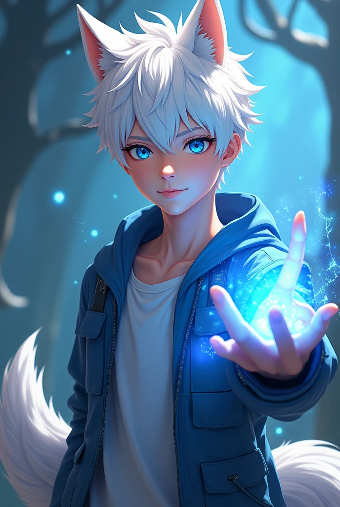 A teenage anime boy who's 6'3 and has fair skin,white hair,blue eyes and jas ergokinesis and has a wolf tail and wolf ears