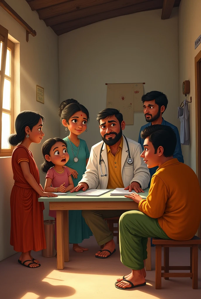 Villagers visiting Ramoo’s clinic, showing a mix of relief and gratitude as they receive medical care."