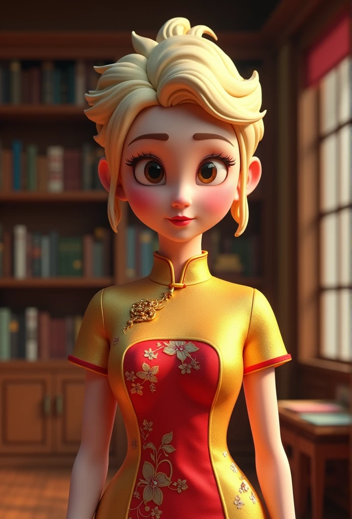 金と赤のアオザイを着た女性のCartoon characters、at the library、She has a very short blonde pixie-style animated character hair, Stylized characters, Animation-style rendering, 3d stylized, Arnold Maya rendering, Stylized 3D rendering, toon render keyshot, 3D text, 3D text, Stylized 3D rendering, 3D textレンダリング, Cartoon characters, Close-up persona, Text pose, （Pixar-style） （Master part：1. 2) (Bokeh) (Highest quality) (Detailed skin) (Detailed Texture) (8k) (Argilla) (Cinematic Lighting) (Sharp Focus)、（（（bust９０centimeter）））、（（（Cleavage Emphasis）））