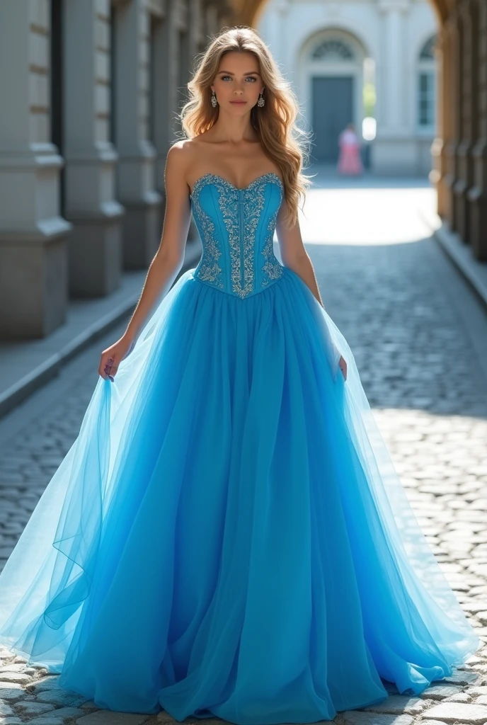 A bright blue dress inspired by Cinderella's corset, long not so fluffy arms skirt more open