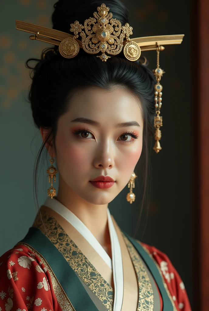 historical empress Himiko, high detailed portrait, beautiful detailed eyes, beautiful detailed lips, extremely detailed face, long eyelashes, intricate ornate headpiece, luxurious silk robes, regal and dignified expression, dramatic lighting, cinematic composition, muted color palette, renaissance painting style, masterpiece, best quality, 8k, ultra-detailed, photorealistic