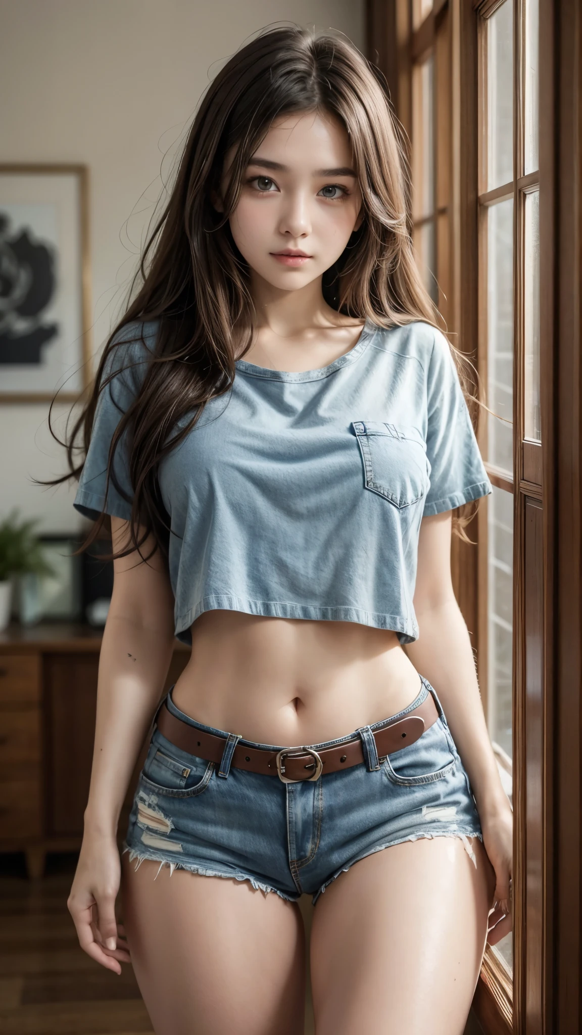 Beautiful 18 year old brunette girl wearing a shirt and high waisted denim shorts and wearing a belt showing her belly button