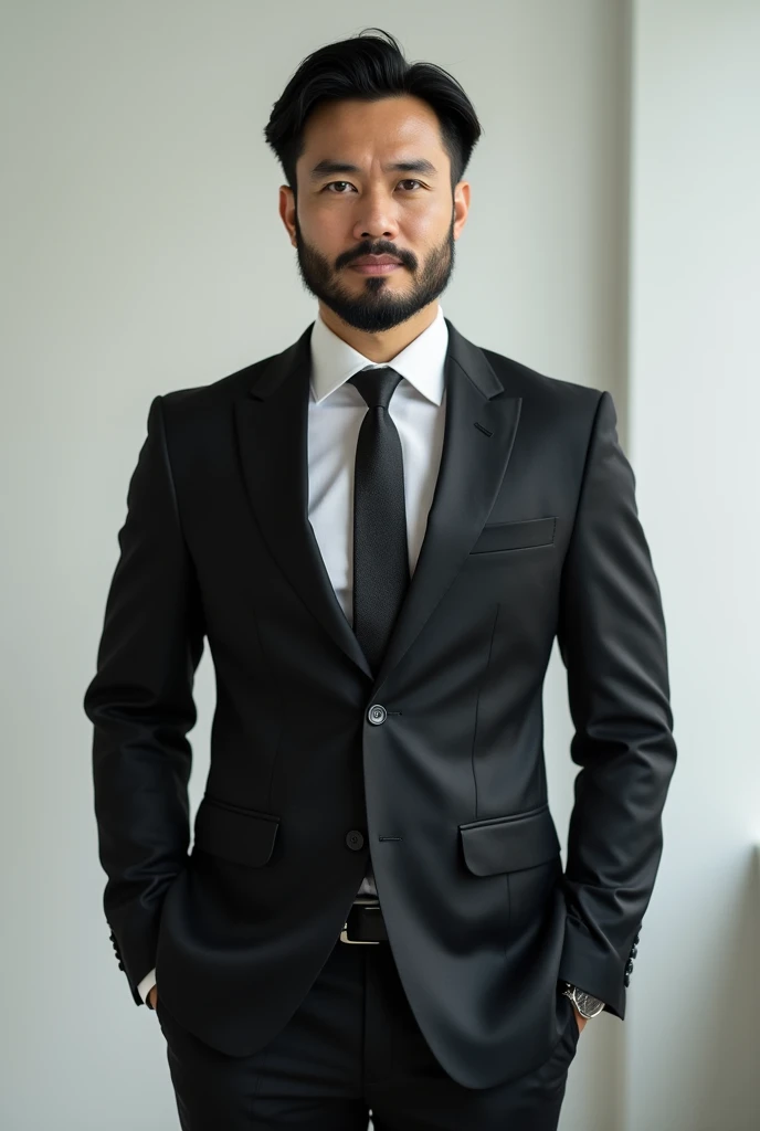 Professional full body photo of a strong posing light brown executive man , rounded face, medium-length straight black hair, short black beard, chic