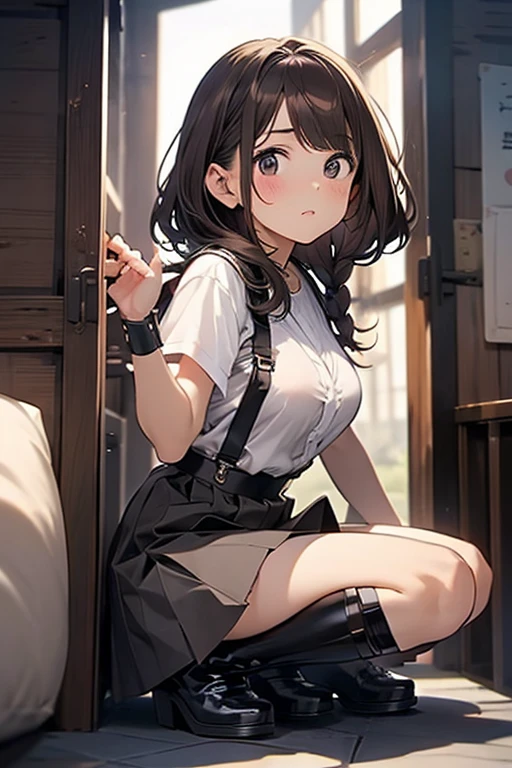Brown hair、watching at viewers black suspenders Bulging big breasts walls: Black miniskirt garters Gaze Small face bangss holster Beautuful Women hands up レッグholster ベッドに横たわる Gaze black boots panty shot provocation flank flank汗 soio arm