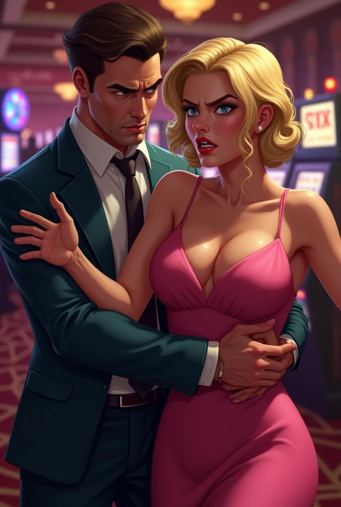 An angry blonde woman with blue eyes and short hair, wearing a formal pink dress and being pulled by the arm by a man. The place resembles a casino and has red lighting.