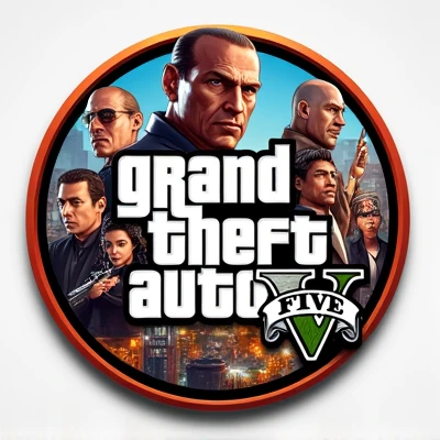 ROUND LOGO IN SPANISH WITH THE NAME DistritoS LatinoS RP ROLE-PLAYING GTA PLAY IN 3D WITH A CITY IN THE BACKGROUND INSIDE THE CIRCLE WEAPONS CARS WOMEN AND MEN