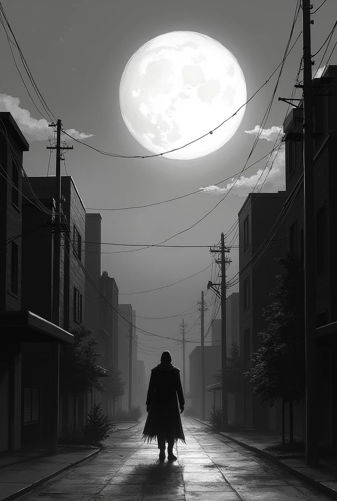 I need a black and white drawing of the moon on any given dawn in a melancholic city