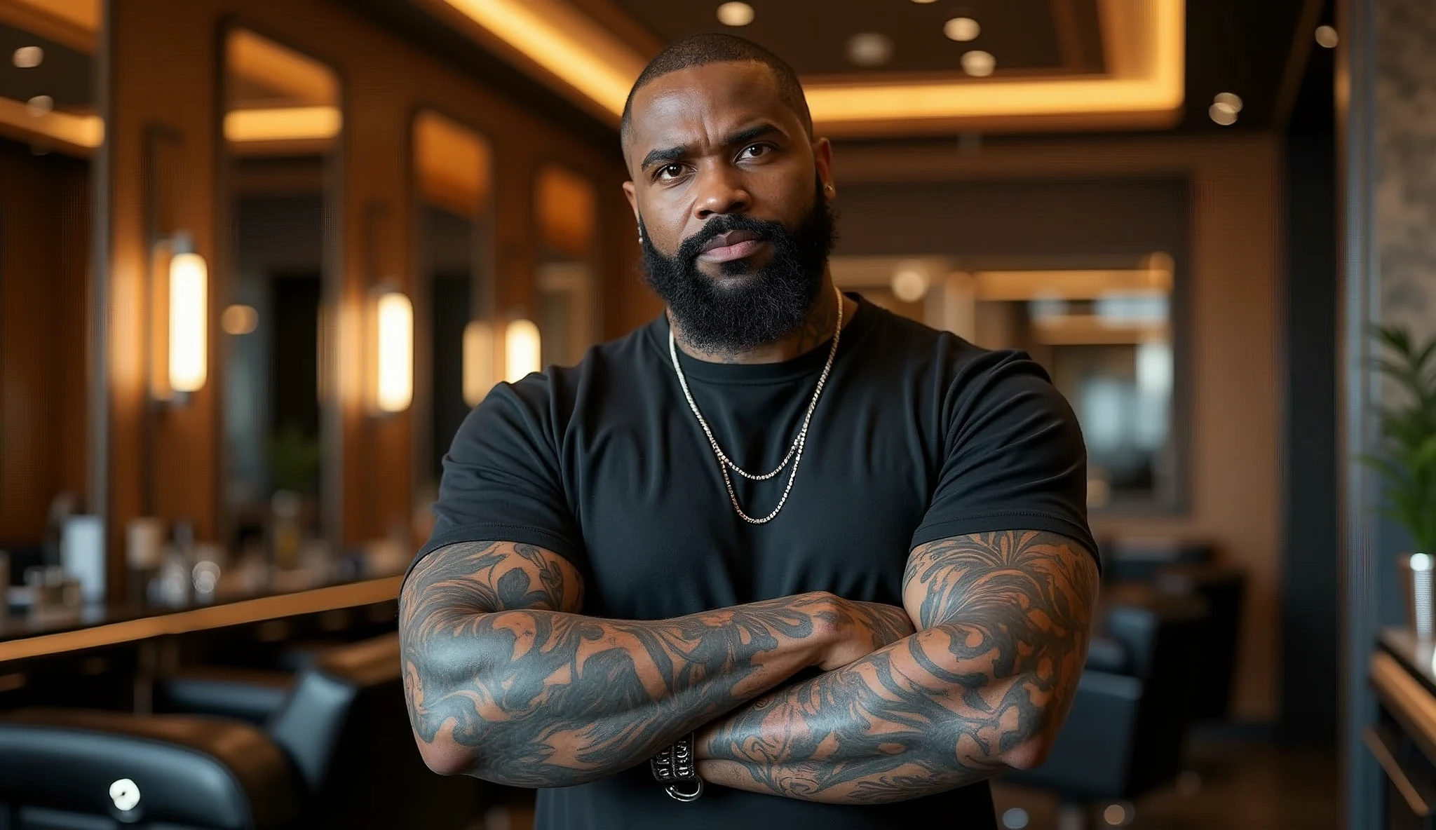 a heavily tattooed and pierced African-American barber in an empty luxury HI-TECH barbershop, very charismatic gay, 180 cm height, 30 years.
The style is modern and atmospheric, with an emphasis on detail. The main focus is on the expressiveness of the character and the luxurious setting of the barber shop.
The angle is chosen so, to show the barber in a close-up from the waist up. This allows you to focus on his charismatic image, tattoos and piercings. The barber occupies the central place in the frame, leaning slightly towards the camera, which creates an effect of intimacy and engagement of the viewer. The barbershop is modern and upscale, with sleek, dark toned decor, leather chairs, and polished surfaces. The lighting in the room is soft, highlighting the luxury of the barbershop, illuminating interior elements, executed with great attention to detail.
The color palette is kept in warm tones, in rich colors. Dark and rich colors predominate: deep brown and black interior hues, golden yellow and soft warm light accents, illuminating tattoos and details of the room. The barber's skin tone is natural, but somewhat enhanced for contrast with his dark tattoos and clothing. tattoos, In turn,, stand out in bright colors