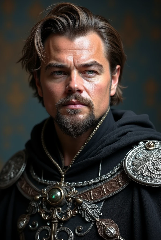 Portray Leonardo DiCaprio as Aric, a nobleman with a rugged face, tousled light brown hair, and intense blue eyes. Dress him in a dark, richly detailed robe with silver trim, and equip him with an ornate, jeweled sword. His expression should convey deep inner turmoil and regal elegance.