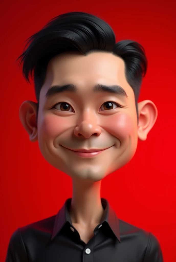 Realistic 3D caricature, big head, 24 year old Indonesian man, slightly straight height, oval face shape, oval chin, good looking, slightly round eyes, white skin, thin smile, black hair with side parting, wearing a black shirt, body position clearly visible , red background, use soft photography lighting with hair lights, edge lights, and top lights, photo with
