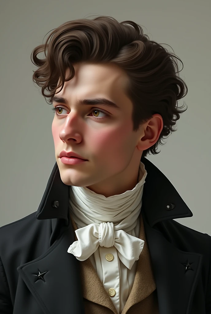 A 20-year-old man thinking, wearing 19th-century clothing