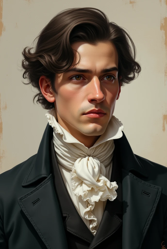 A 20-year-old man thinking, wearing 19th-century clothing