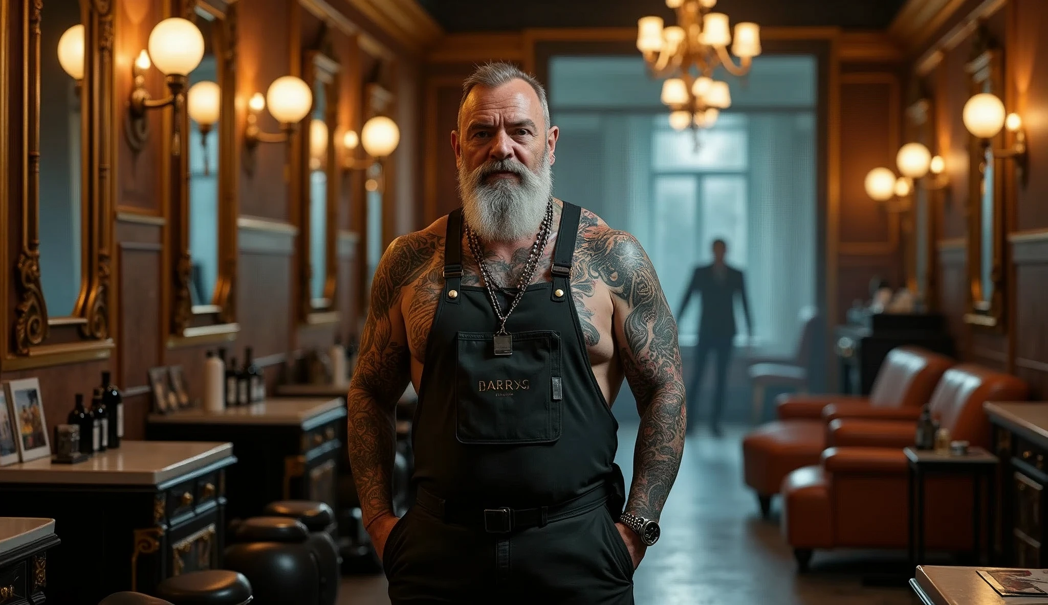 Ultrarealistic, 1792x1024:
a heavily tattooed and pierced barber in an empty luxury barber shop room, Very charismatic, externally interesting, 160 cm height, 89 years old, phenomenally thick Swede
Style
modern and atmospheric, with an emphasis on detail. The main focus is on the expressiveness of the character and the luxurious setting of the barber shop.
**angle:**
angle выбран так, to show the barber in a close-up from the waist up. This allows you to focus on his charismatic image, tattoos and piercings. The barber occupies the central place in the frame, leaning slightly towards the camera, which creates an effect of intimacy and engagement of the viewer. The background creates a random mood, conveys a sense of luxury and sophistication. This could be a view of a wall, decorated with exquisite panels made of expensive wood, with luxurious mirrors in carved frames, creating an infinity effect. or a deep perspective on a hall, where you can see chairs with upholstery made of genuine leather, carefully placed near shelves with unique accessories or bottles of elite drinks. or it's part of a stylish waiting area with soft sofas and a coffee table, on which lie magazines about fashion and style.
In some versions, the camera shows a long corridor, leading deep into the room, along which luxurious lamps and paintings are placed, which adds a special depth and mystery to the space. Either it could be a window, through which natural light flows, illuminating interior elements, executed with great attention to detail.
**Color palette:**
Color palette выдержана в теплых, in rich colors. Dark and rich colors predominate: deep brown and black interior hues, golden yellow and soft warm light accents, illuminating tattoos and details of the room. The barber's skin tone is natural, but somewhat enhanced for contrast with his dark tattoos and clothing. tattoos, In turn,, stand out in bright colors
