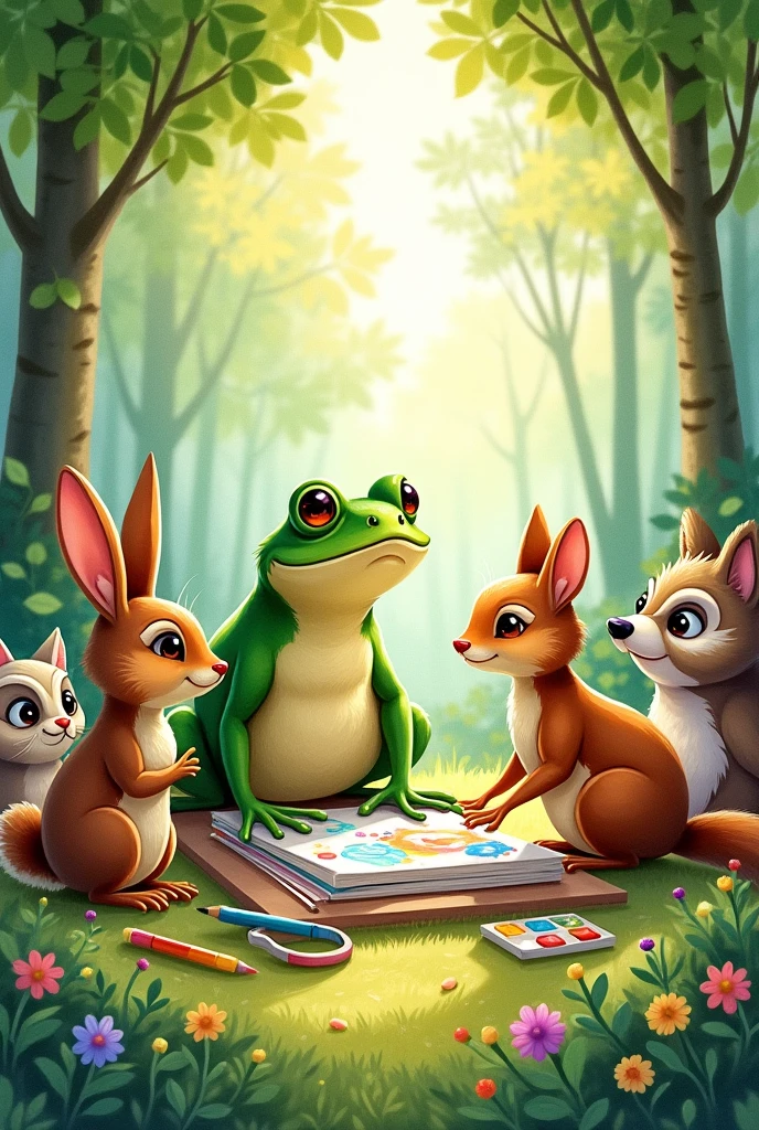 Make me an illustration of animals taking classes where the teacher is a frog giving art classes. An illustration that looks like a watercolor, and let it be in the forest