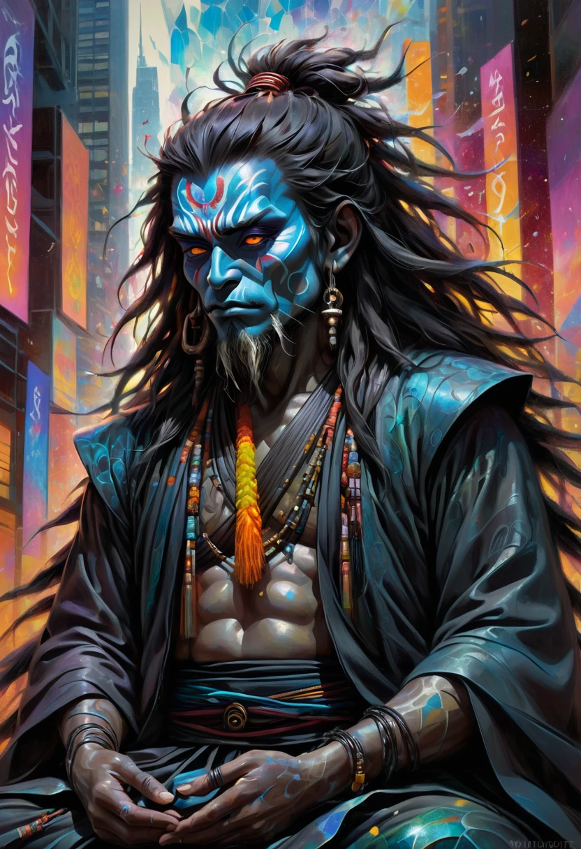 A mystical Aghori samurai meditates in the heart of New York City during Día de los Muertos. Goya's haunting style merges with John T. Biggers' powerful imagery, rendered in vibrant acrylics. Shattered glass fragments reveal a hyper-realistic, mythical being with iridescent scales, emanating divine energy and molecular auras.