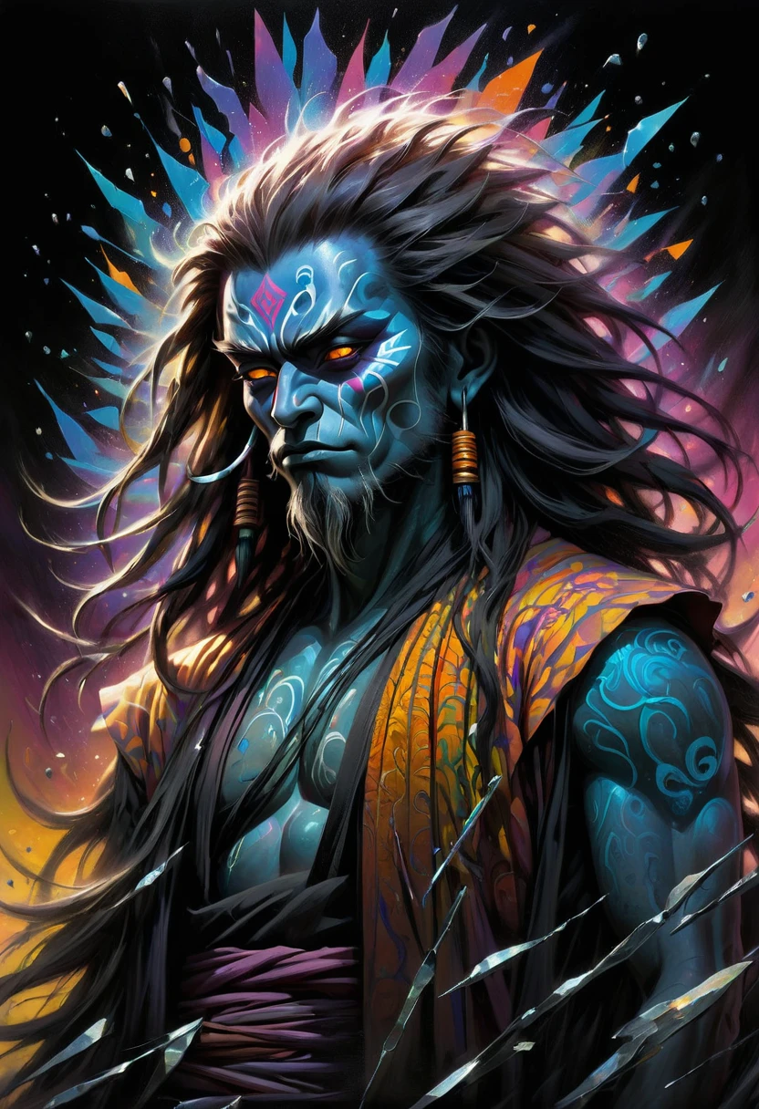 A mystical Aghori samurai meditates in the heart of New York City during Día de los Muertos. Goya's haunting style merges with John T. Biggers' powerful imagery, rendered in vibrant acrylics. Shattered glass fragments reveal a hyper-realistic, mythical being with iridescent scales, emanating divine energy and molecular auras.