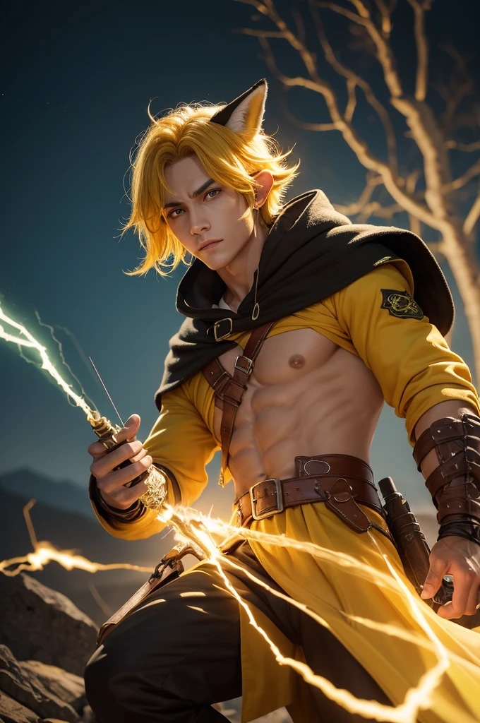 rpg character, half-elf, sorcerer, He has light brown skin, light brown scales on his body, dark brown eyes, he wears a yellow and blue hood, a red and green shirt, black and yellow hair, carries a light crossbow and a red plush fox in his hand. some bandages on his forearms and hands, yellow lightning storm in the background