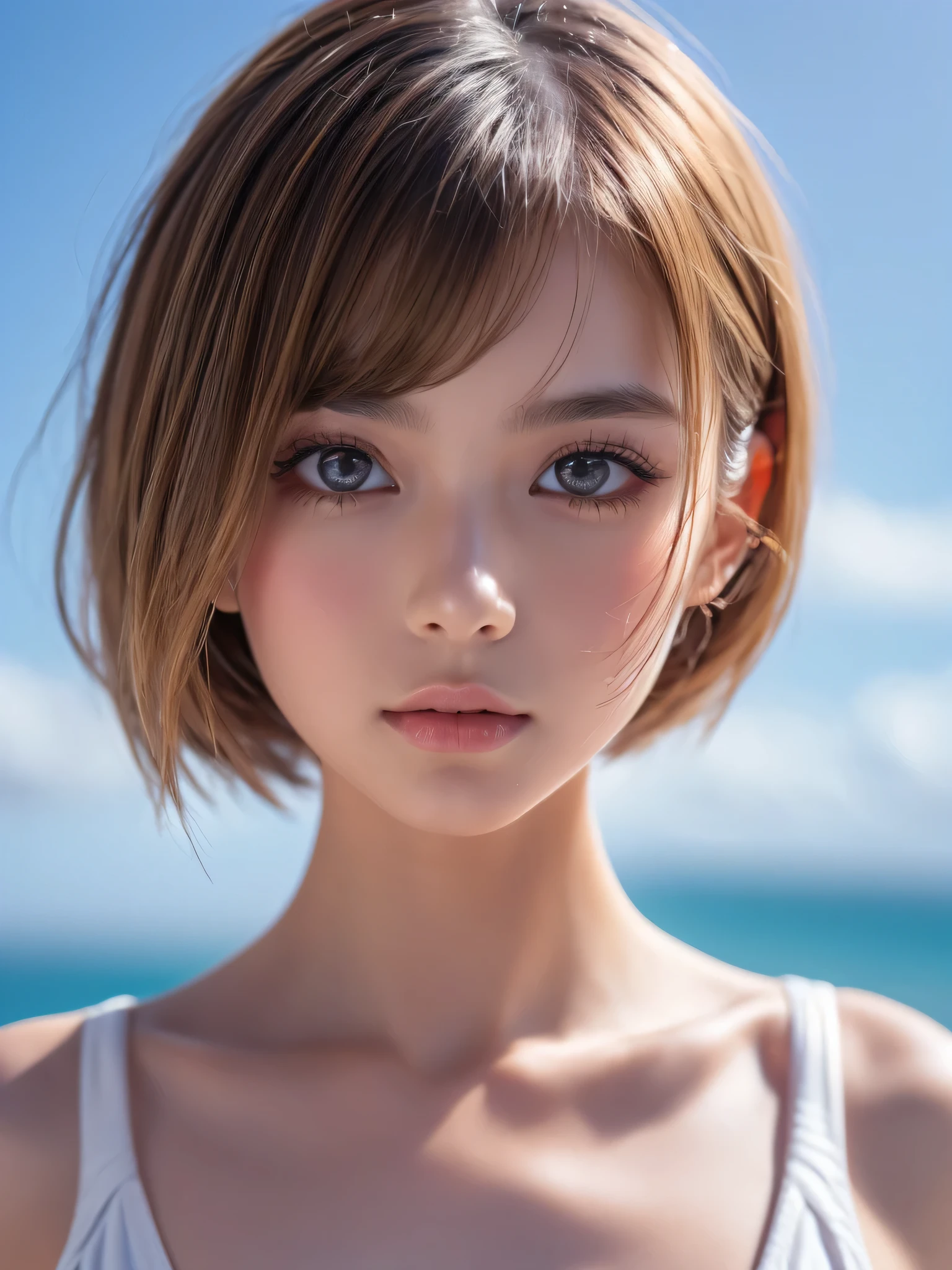 One Girl,(1人のとてもcute:1.3),masterpiece,Highest quality,High resolution,From below,Low - Angle,Photorealistic,RAW Photos,Ray Tracing,Physically Based Rendering,beautiful girl,(:1.3),cute,Big eyes,(detailed pupils:1.2),(The face is facing straight ahead:1.3),Body facing forward,Beautiful nose,High nose,Upturned nose,Fuller lips,Short blonde hair,ponytail,short hair,Detailed eyelashes,Thin eyebrows,Very fine grain definition,(Symmetrical eyes,Golden Ratio:1.3),(Face close-up,Face Focus:1.0),Small breasts,Short neck,White swimsuit,White Bikini,Ocean,Southern Island,Blue sky,White cloud,Portrait,View Viewer,Upper Body,Cinema Lighting,High resolution,Very detailed
