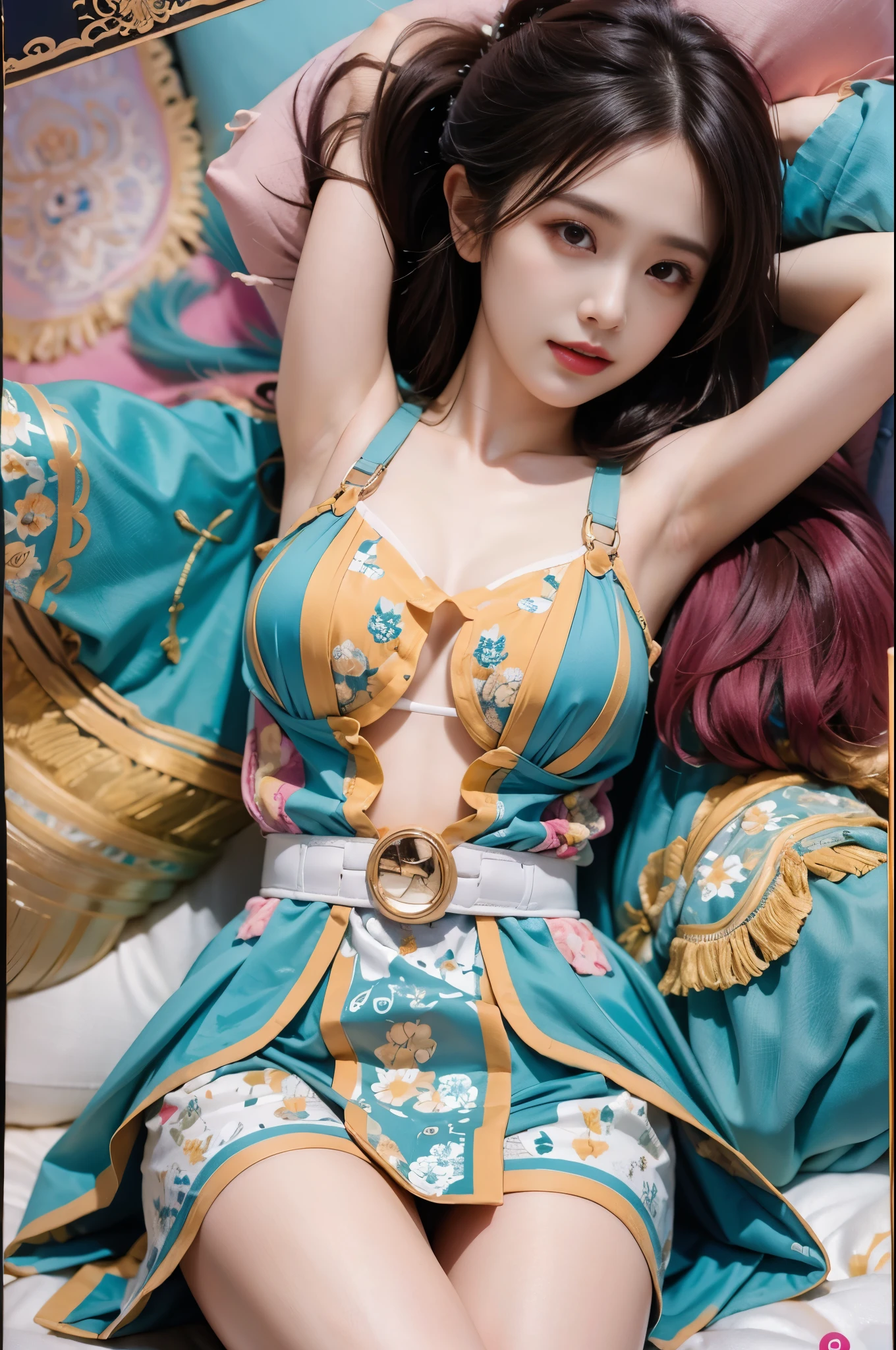 Plutia (best quality, masterpiece:1.2), tianfeng1, Extremely detailed, (Practical:1.37), beautiful, youth, Charming female model, sweet smile, Sweetheart girl, Warm colors, ((Full body view，Bend your knees naturally，Skin is firm and smooth)), ((in old fashioned room，Sitting on a low bed，lean back，Support the body with your elbows)), ((Elegant and natural gesture)), (big eyes, Exquisite eyes, Delicate lips, Exquisite eyes), Available in white and floral pattern, Show a bright smile, fit, Full breasts, ((Large Breasts)), Long legs, Create a stunning photo of a sleeping girl