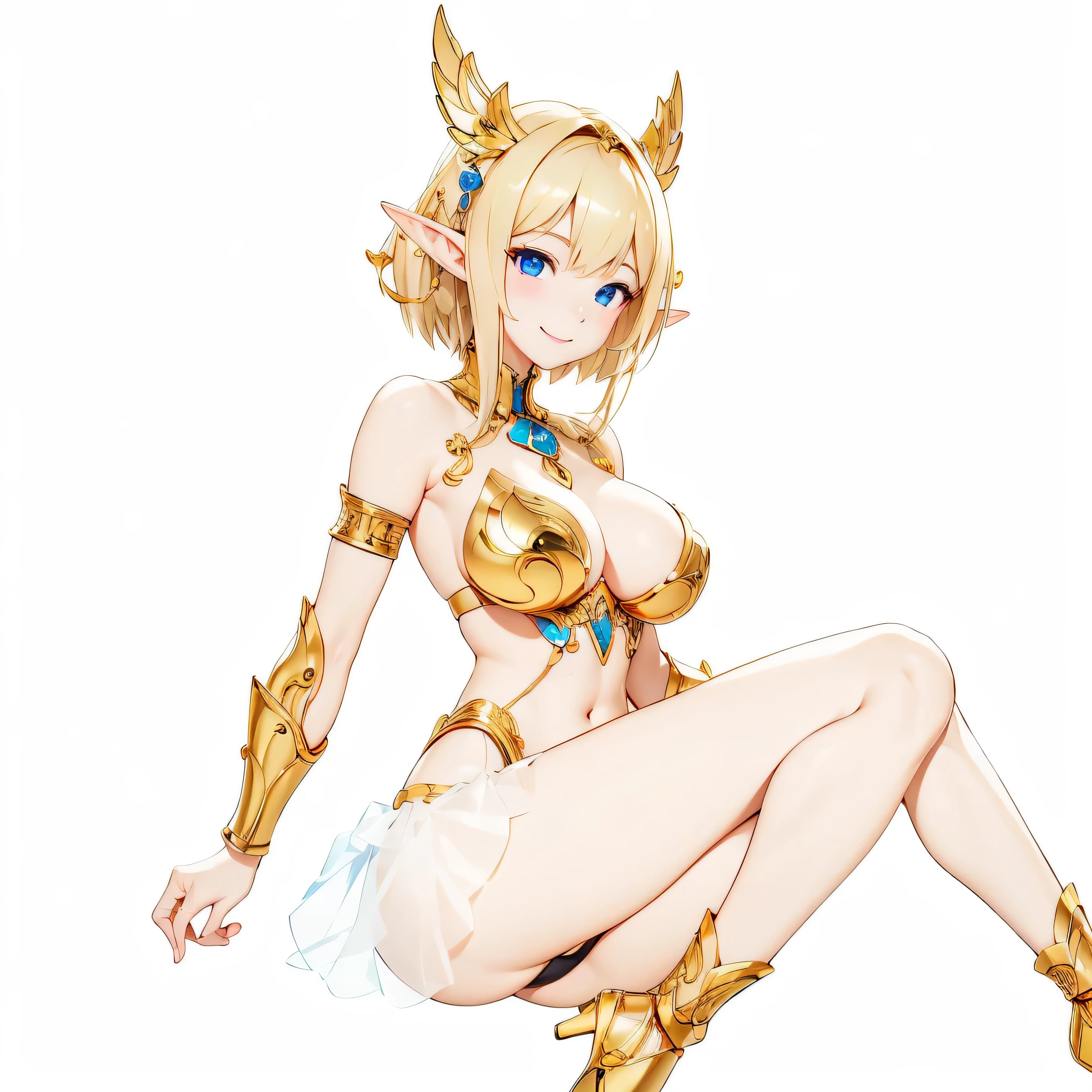 Highest quality、Very detailed、High resolution、16k、Thin contours、耳の長いElf、Nipples are visible、Shining golden armor、Gold bikini armor、Very large breasts、Extremely transparent skirt、Wearing black pants、chest proportion、Smile of the Goddess、Very white skin、Beautiful fingers、Perfect Style、Elf、No bra、Blonde hair and blue eyes、Cool smile
