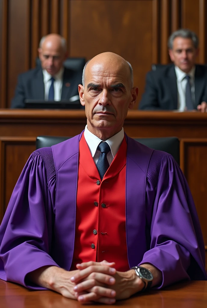 Alexandre de Moraes's shaved head, beardless, dressed in a purple and scarlet judicial robe like a prostitute of the apocalypse, seated at the Supreme Federal Court of Brazil's President Luiz Inácio Lula da Silva.