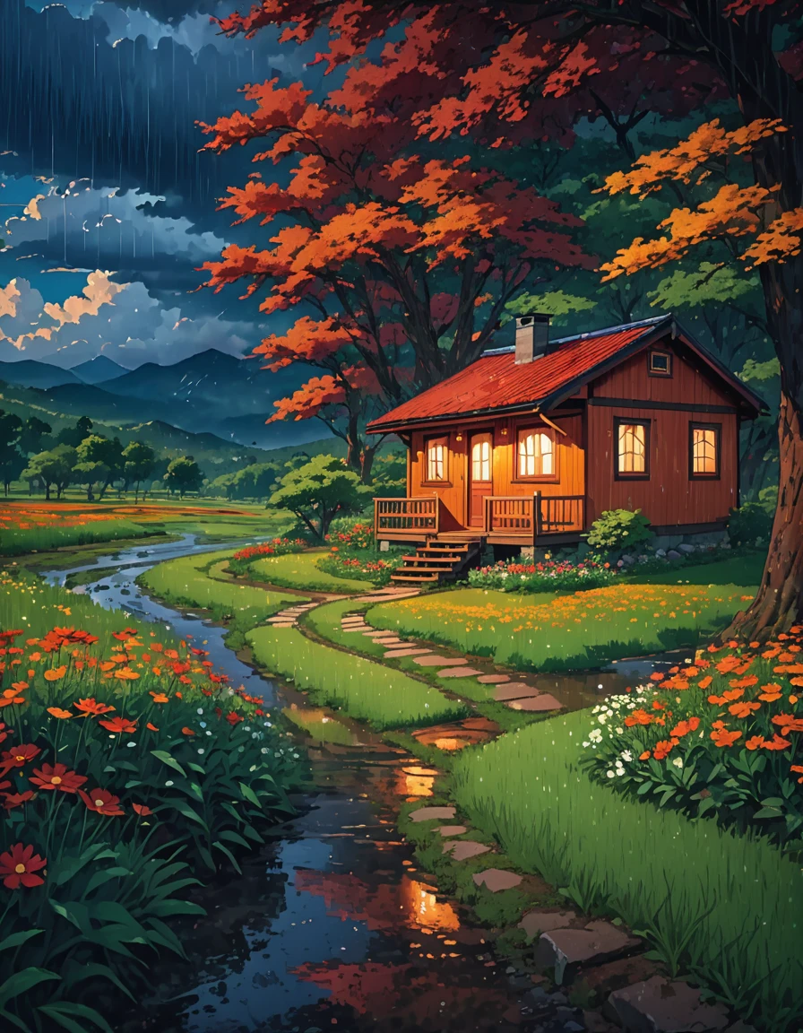 Creating a serene countryside scenery during a gentle summer rain.. A cozy cabin with a red roof sits near a large, lush green tree. The sky is filled with dramatic, Wavy clouds in vibrant hues of orange and yellow., illuminated by sunlight piercing, creating a striking contrast with the dark blue rain clouds. A narrow, The winding path leads to the cabin., bordered by wildflowers in bright red and orange shades, and rich green grass. Small puddles form from the rain along the path.. The overall atmosphere is tranquil and picturesque., with a harmonious blend of nature and serenity, represented in highly saturated colors to enhance the vibrancy and charm of the landscape
