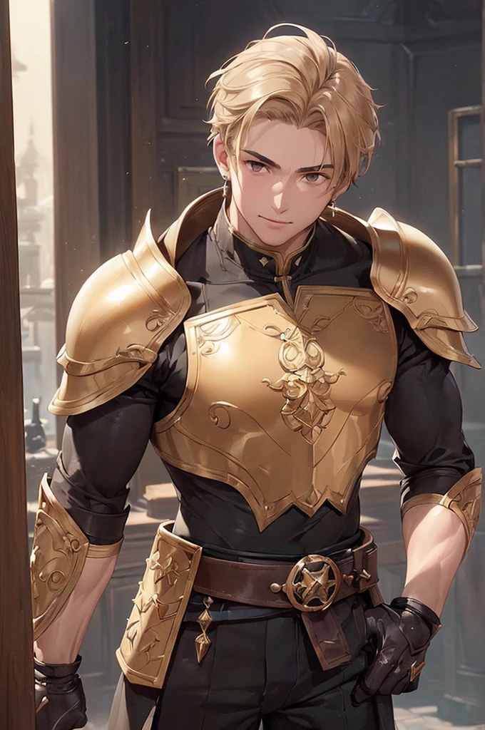 (((masterpiece; best quality: 1.2))), (detailed eyes: 1.3), ((1 young man)), ((solo)), (brown eyes: 1.4), (body shape; lean, masculine, manly face: 1.3), (short blond hair: 1.3), (clear background: 1.2), ((depth of field)), (equipment: masculine adventurer garb + light leather armor + black tunic + black stud earring: 1.3), (anime illustration: 1.2), (background composition; fantasy tavern interior + furniture: 1.1), (handsome: 1.1), (shot composition; standing + centered on face + bust close-up: 1.5), (facial expression; calm + smile: 1.2)