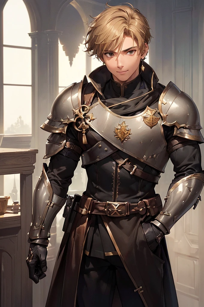 (((masterpiece; best quality: 1.2))), (detailed eyes: 1.3), ((1 young man)), ((solo)), (brown eyes: 1.4), (body shape; lean, masculine, manly face: 1.3), (short blond hair: 1.3), (clear background: 1.2), ((depth of field)), (equipment: masculine adventurer garb + light leather armor + black tunic + black stud earring: 1.3), (anime illustration: 1.2), (background composition; fantasy tavern interior + furniture: 1.1), (handsome: 1.1), (shot composition; standing + centered on face + bust close-up: 1.5), (facial expression; calm + smile: 1.2)