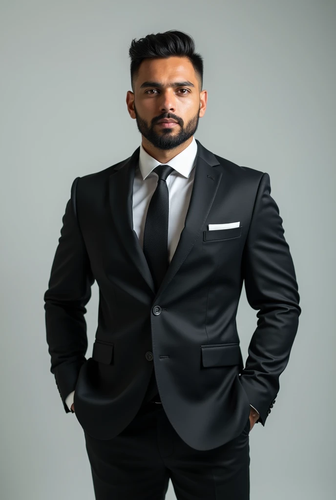Professional full body photo of a strong posing light brown executive man , rounded face, medium-length straight black hair, short black beard, elegant executive