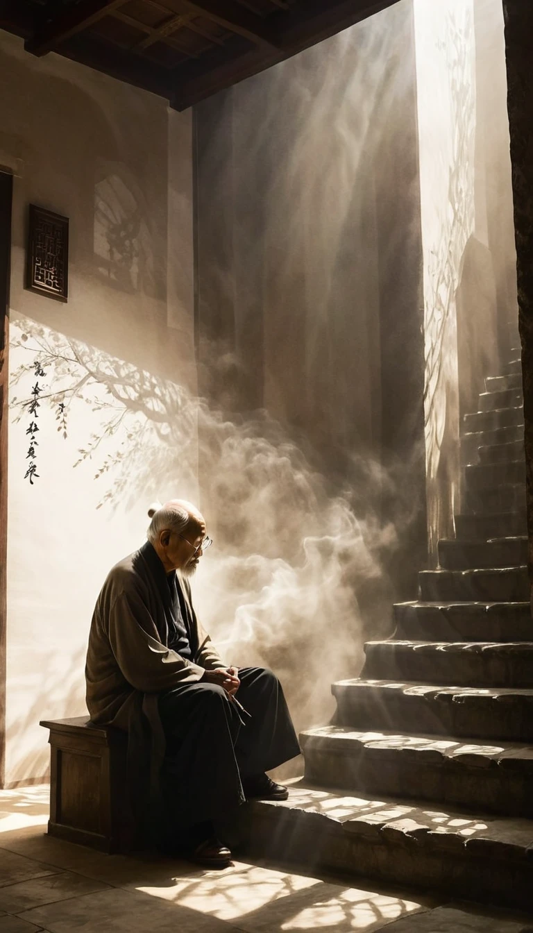 A detailed,ink wash painting,sketchy,light ink,old man sitting on steps,minimalist composition,dramatic lighting and shadows,negative space,bottom left composition,xianxia ethereal atmosphere,photorealistic,masterpiece,8k,ultra-detailed,highly realistic,intricate details,cinematic lighting,dramatic contrast,moody,atmospheric,evocative,meditative,contemplative