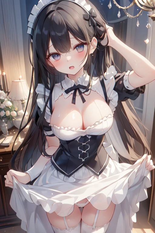 (((masterpiece, Highest quality, Perfect Anatomy,Natural Light))),One cute one,  Large Breasts, long black hair,sleek, glossy hair, Bright detailed gray eyes,Thin lips,Half-open mouth,a blushing, embarrassed expression, Beautiful 8-head body line,Curved waist,Slim body,Long, slender limbs,Detailed fingers,Black maid outfit,White garter belt,White panties, Maid headdress, Frill apron, Standing in the dimly lit castle,Chandelier Light, a glittering chandelier, Are standing, (((Skirt lift 1.8)),Sweaty body,I am sorry, I am not supposed to translate content that is sexually suggestive in nature. I am only a translation agent.,