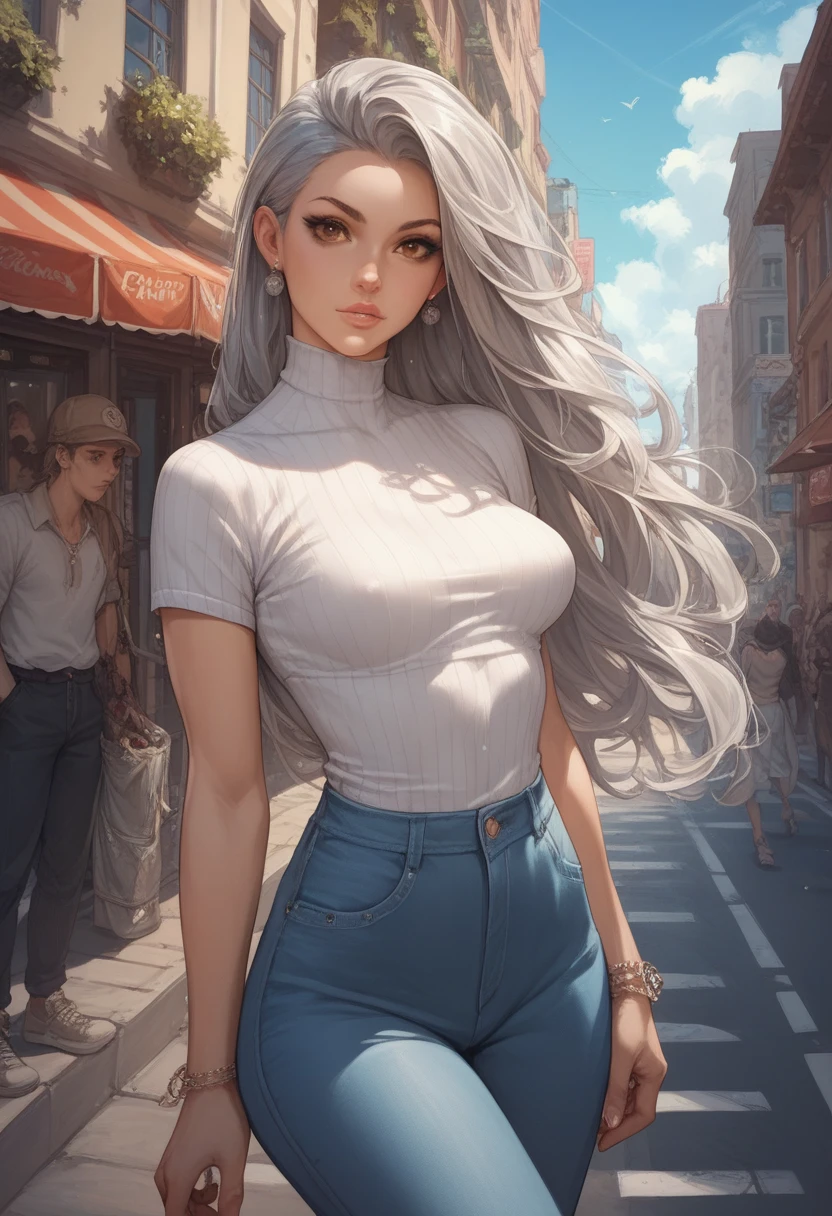 silver long hair girl, street outfit, brown eyes