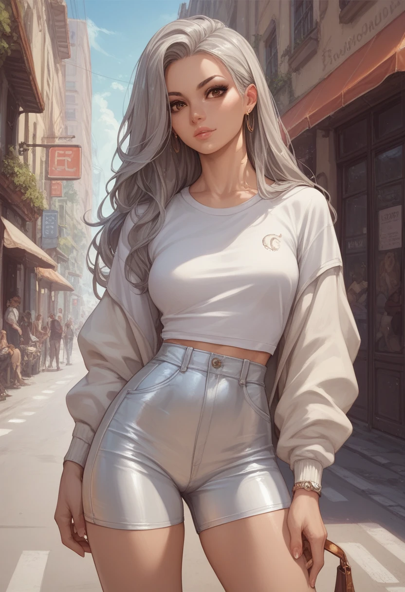 silver long hair girl, street outfit, brown eyes