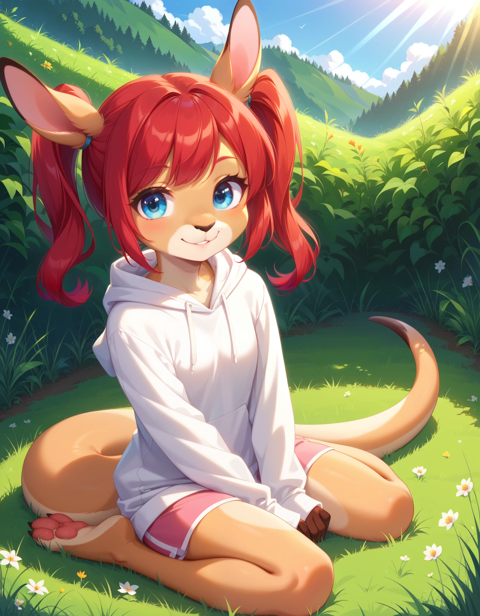 score_9, score_8_up, score_7, rating_ safe, source_furry, furry, camille_w, solo, red hair, twintails, blue eyes, hoodie, kangaroo tail, sitting, outdoors, grass, looking at viewer, smile, cute, sunlight, natural lighting, 